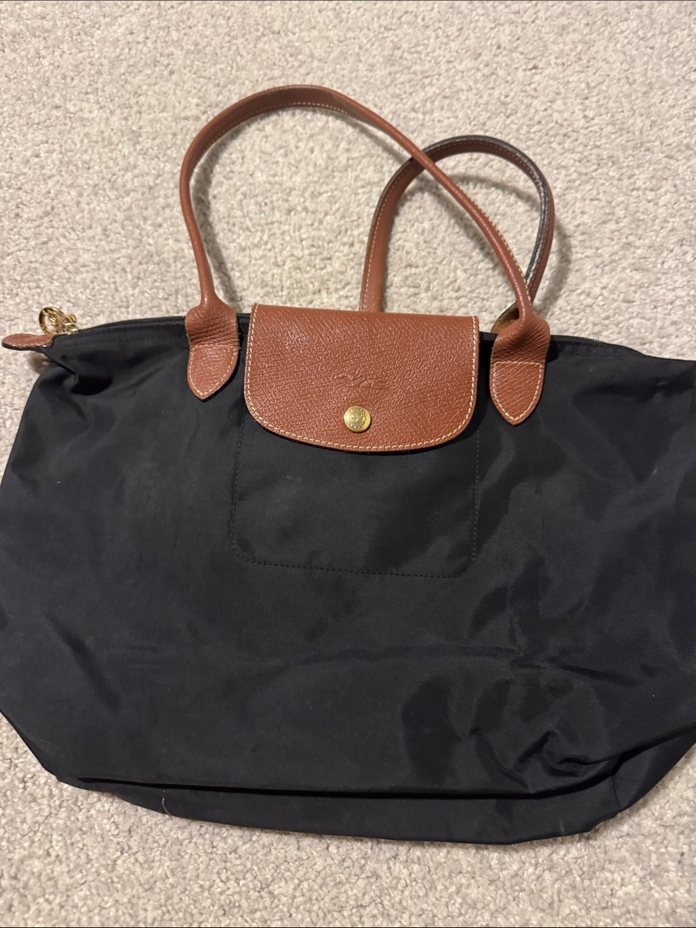 Longchamp Black Tote with Brown Leather Trim